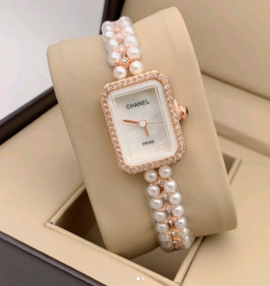 Chanel Gold Tone Pearl & Diamond-Encrusted Rectangular Women’s Wristwatch