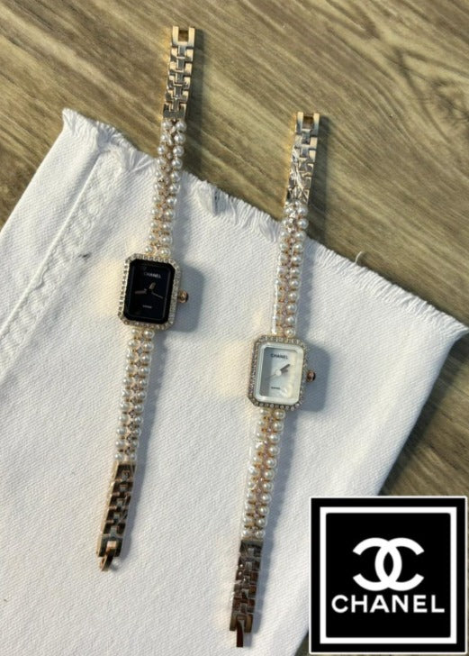 Chanel Gold Tone Pearl & Diamond-Encrusted Rectangular Women’s Wristwatch