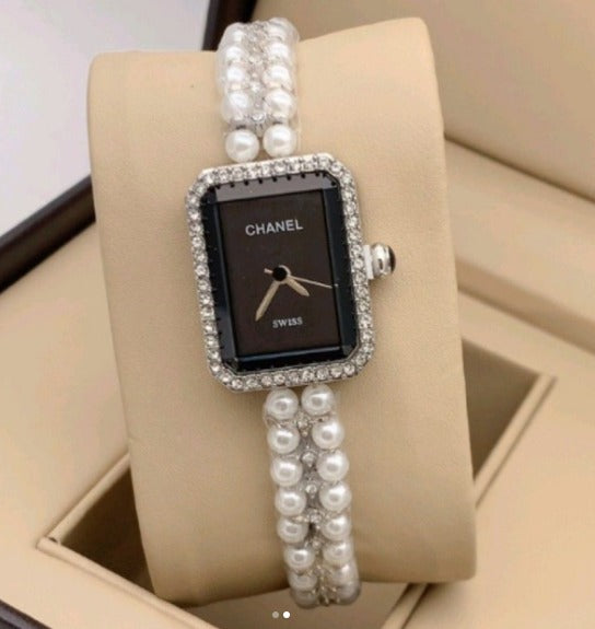 Chanel Gold Tone Pearl & Diamond-Encrusted Rectangular Women’s Wristwatch